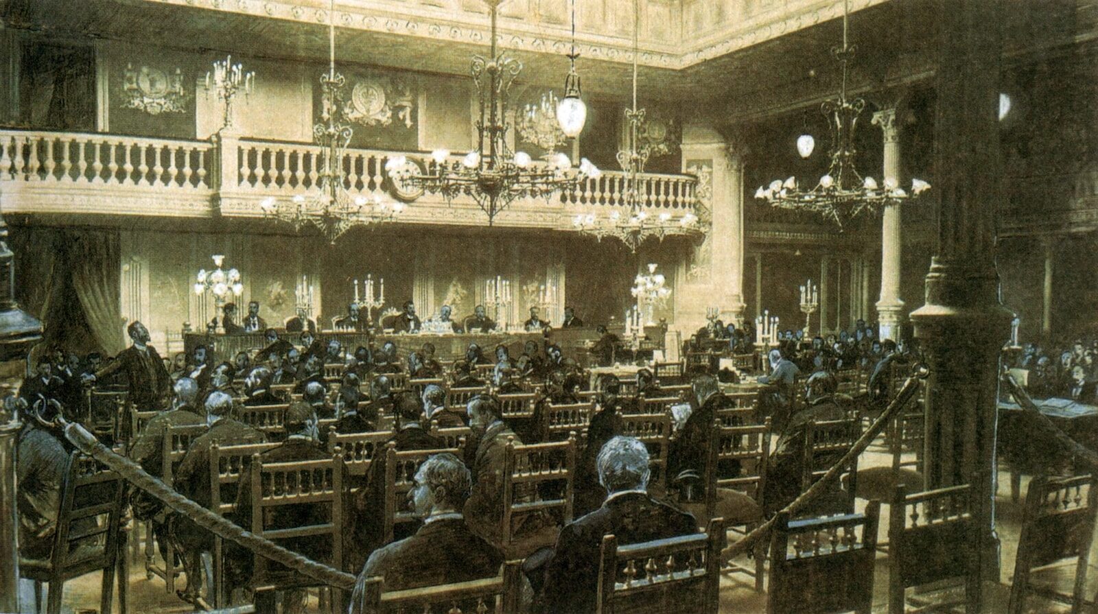 Grabado de época de una asamblea en un salón con lámparas y balconada, con el público sentado de espaldas